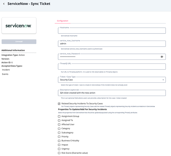Sync Ticket Configuration Screen